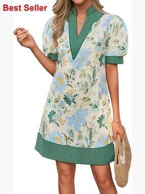 V-Neck Puff Sleeve Shift Dress with Pockets, Lightweight Polyester Blend